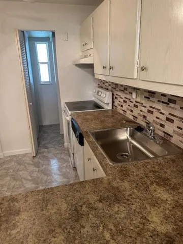 a kitchen with a sink a stove and cabinets