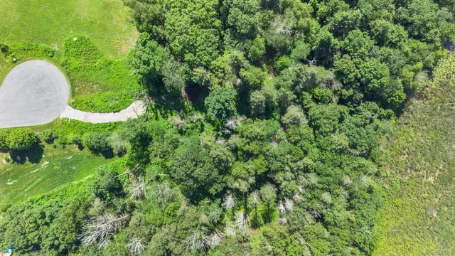 an aerial view of a house with a yard