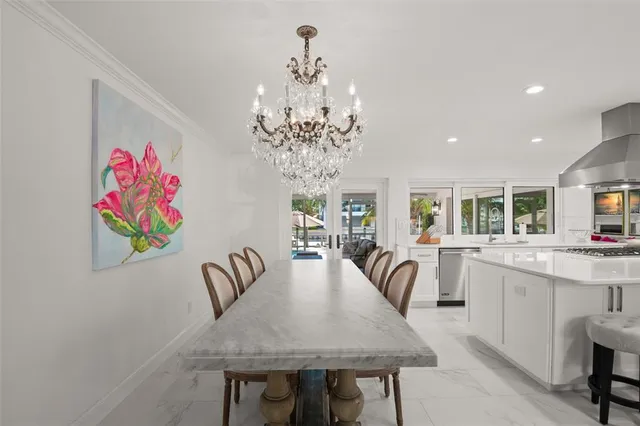 a view of a dining room with furniture wooden floor and chandelier