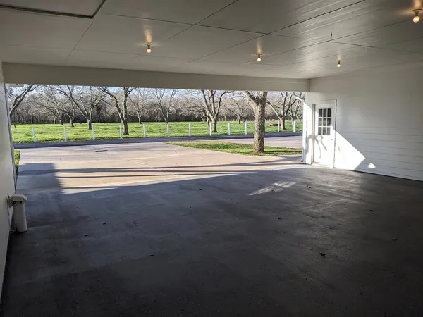 a view of an empty room with a floor to ceiling window and tree