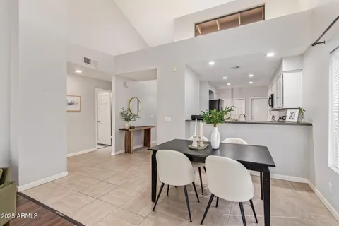 a view of a dining room with furniture