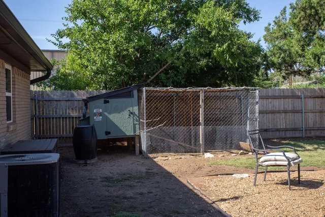 a view of a backyard with a small cabin and a chair
