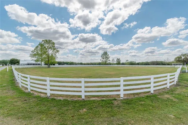 a view of a field with a big yard and large trees