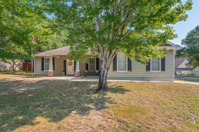 a front view of a house with yard tree and tree
