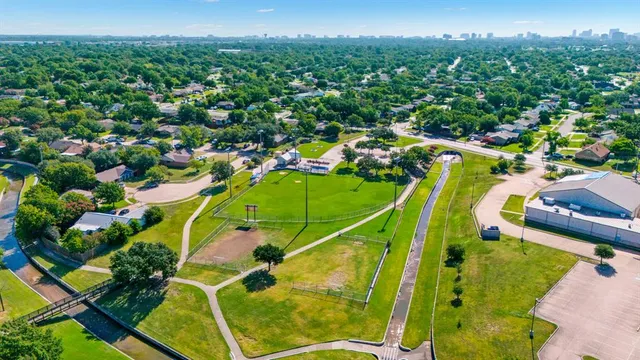 an aerial view of a swimming pool