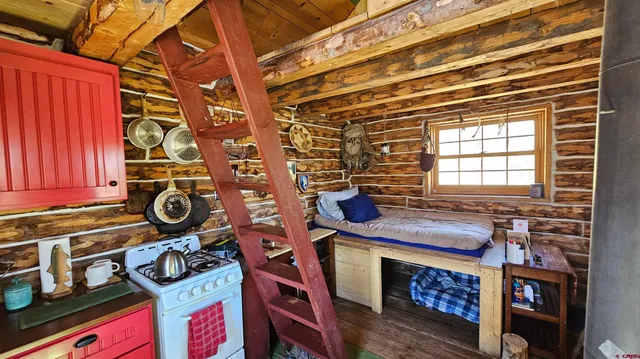 a storage room with a stove and a table
