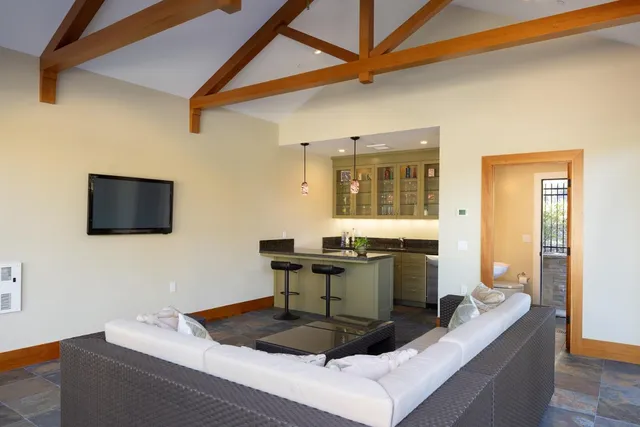 a view of a street with sitting area