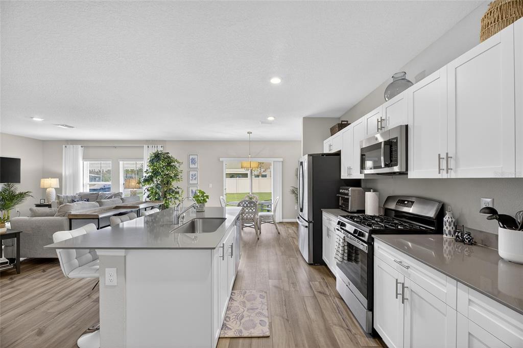 12908 Hawkstone Trail Boulevard Lithia, FL 33547 - Photo 12 of 76 a kitchen with stainless steel appliances granite countertop a refrigerator a stove top oven a sink dishwasher and white cabinets with wooden floor