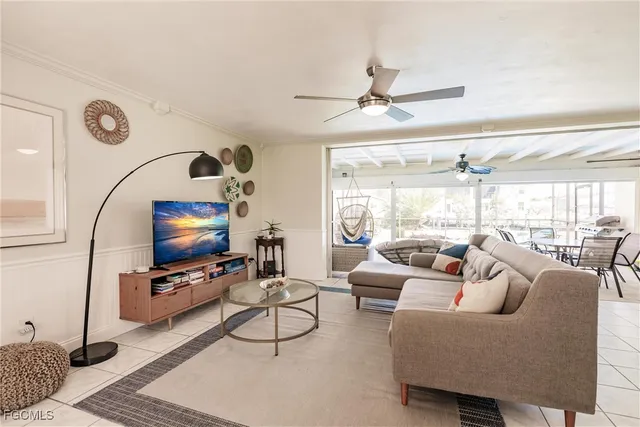 a living room with furniture tv and a large window