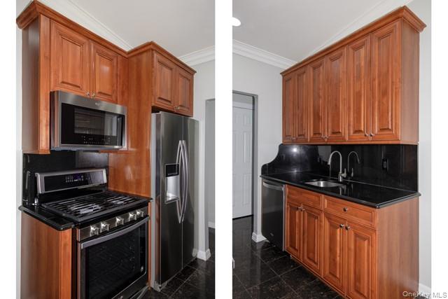 234 River Avenue, Unit 93 Patchogue, NY 11772 - Photo 4 of 11 a kitchen with granite countertop a stove and a refrigerator