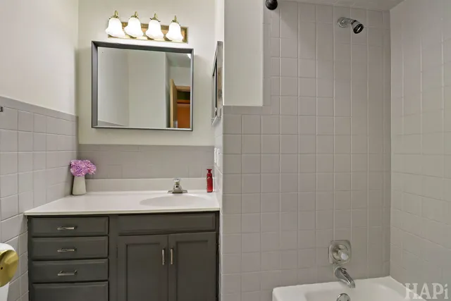a bathroom with a sink vanity and mirror