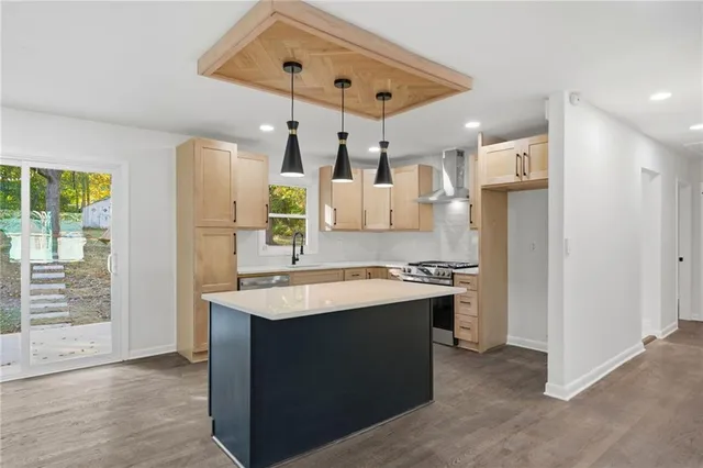 a large kitchen with a stove a sink dishwasher and a refrigerator with wooden floor