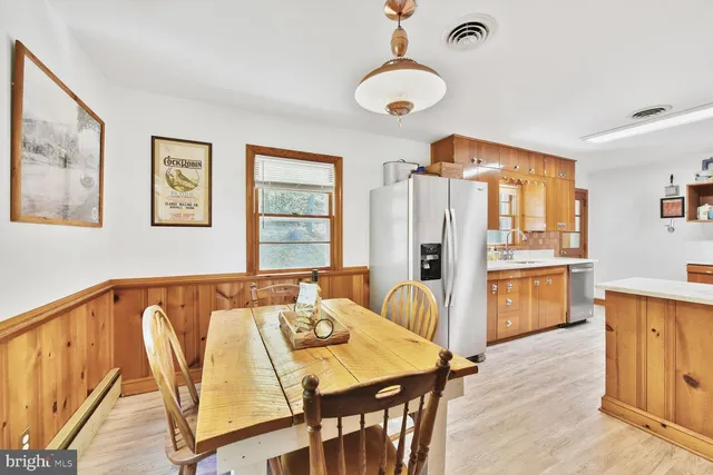a view of a dining room with furniture and window