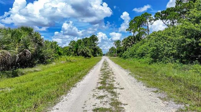 a view of flowing water with large trees