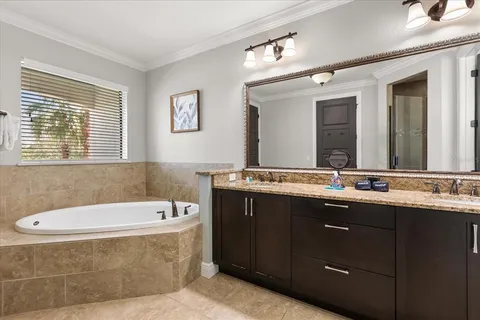 a bathroom with a tub a double vanity sink and mirror