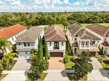 an aerial view of a house with a yard and a large tree