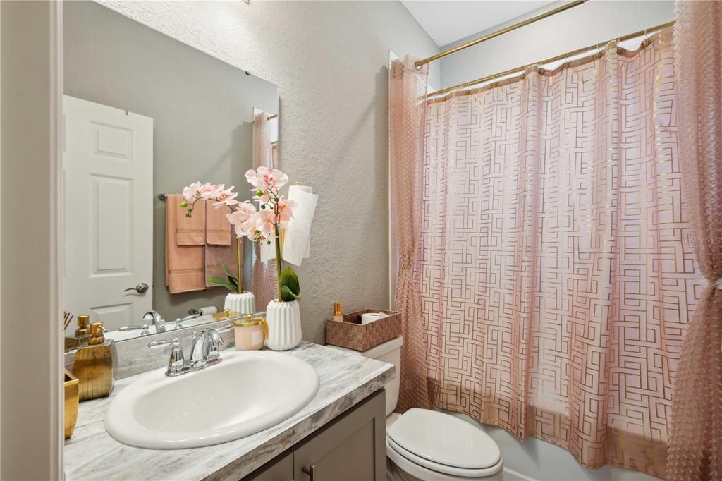 5239 Southwest 114th Street Road Ocala, FL 34476 - Photo 27 of 42 a bathroom with a sink a toilet a mirror and shower curtain