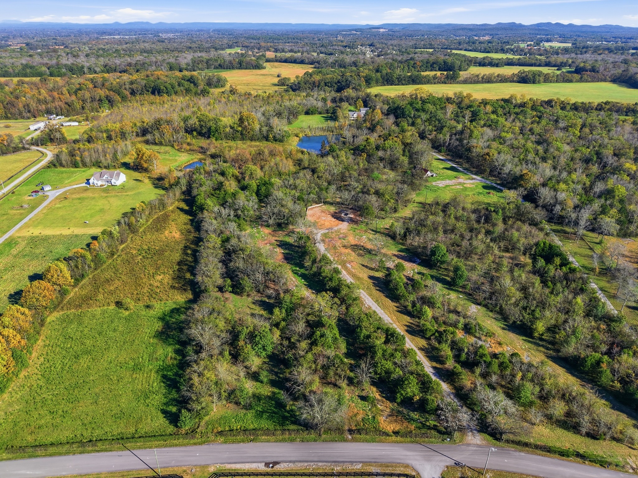 an aerial view of a residential houses with outdoor space and trees