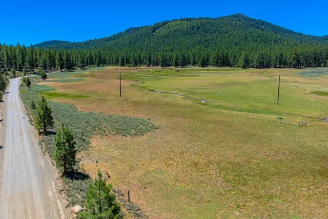a view of a field with ocean view