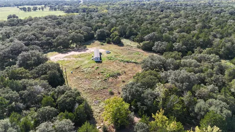 a view of a dry yard with trees