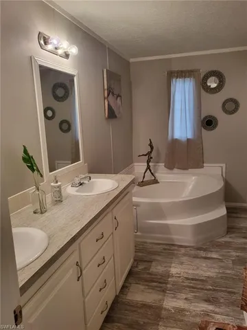 a bathroom with a double vanity sink mirror and bathtub