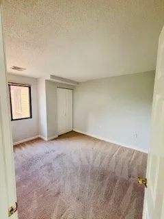 an empty room with windows and closet