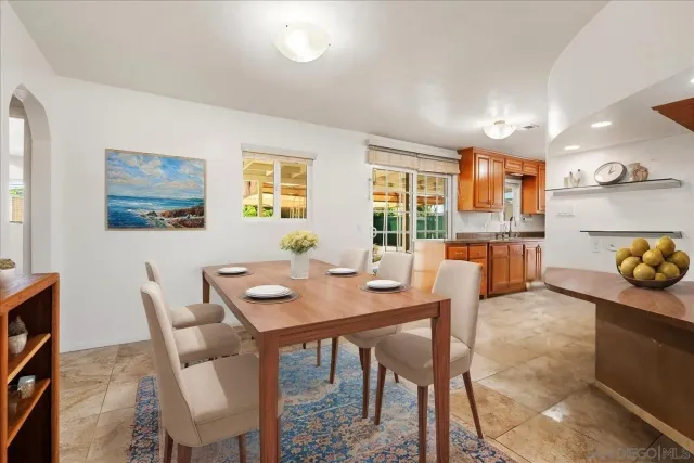 a view of a dining room with furniture and a kitchen