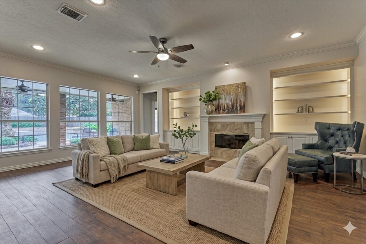 16707 Avenfield Road Tomball, TX 77377 - Photo 16 of 50 a living room with furniture and a fireplace