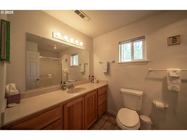 a bathroom with a sink a toilet a mirror and vanity