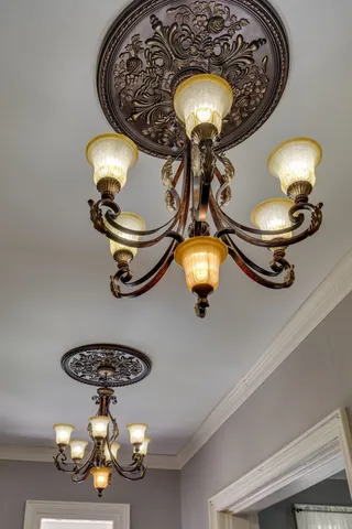 a room with a chandelier