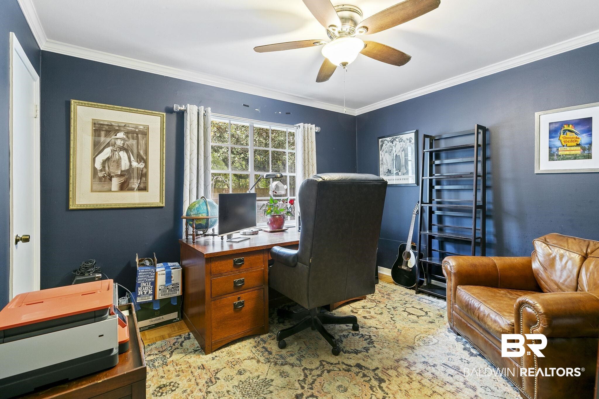 599 Hancock Road Fairhope, AL 36532 - Photo 12 of 23 Home office with crown molding, hardwood / wood-style floors, and ceiling fan