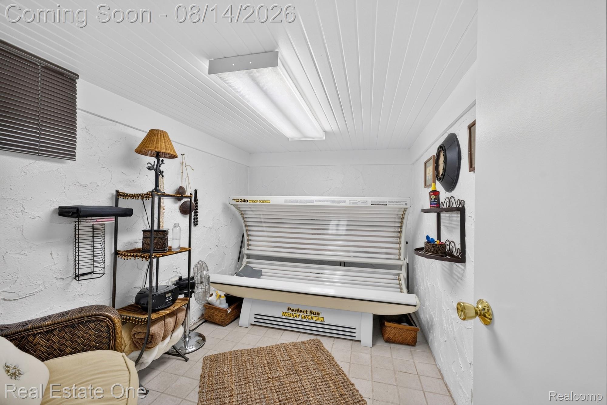 12139 Gooding Road Milan, MI 48160 - Photo 30 of 98 White textured walls and a slatted ceiling with a large overhead light fixture