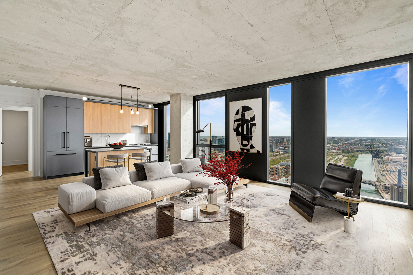 234 West Polk Street, Unit 4101 Chicago, IL 60607 - Photo 3 of 32 a living room with furniture and large windows