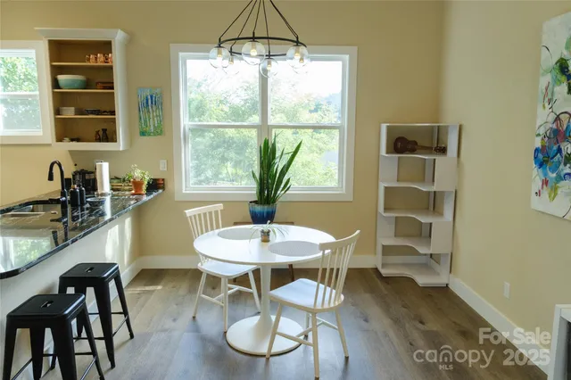 a view of a dining room with furniture window and outside view
