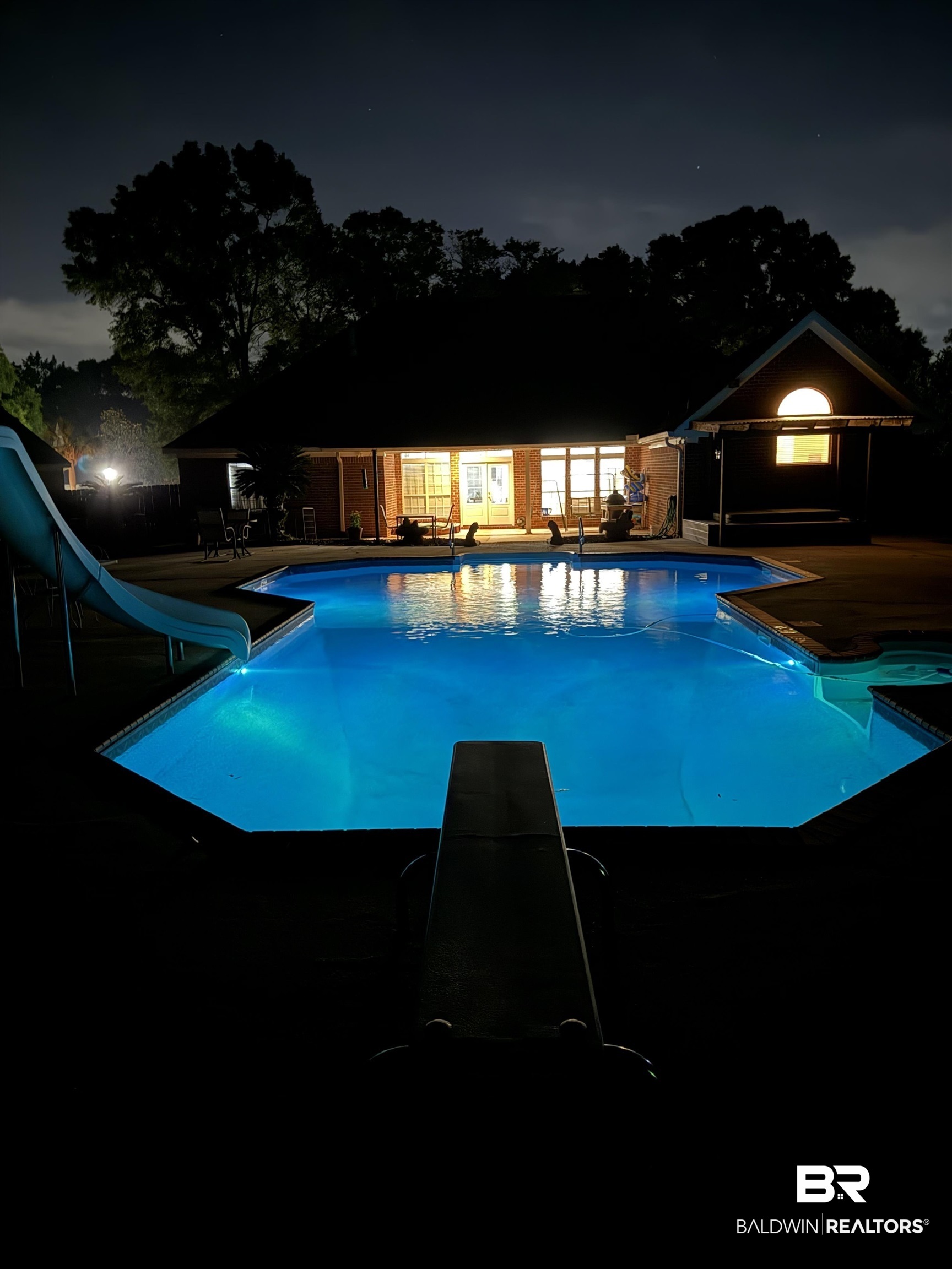 8847 Dawes Lake Road South Mobile, AL 36619 - Photo 46 of 47 In-ground swimming pool featuring a diving board, water slide, and perimeter lighting