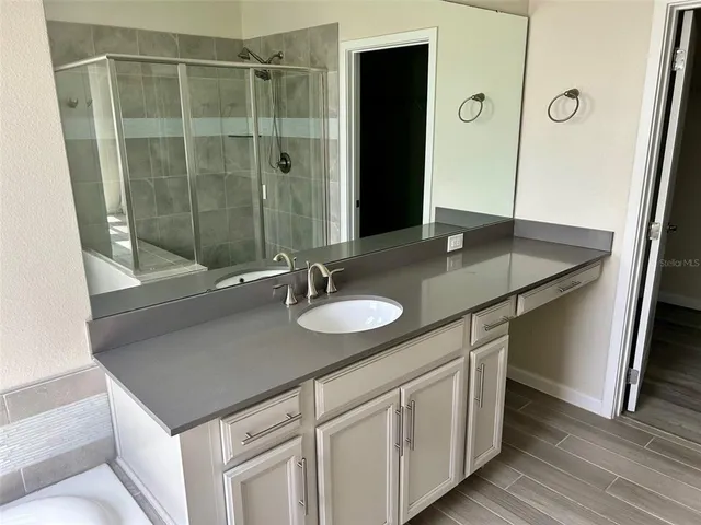 a bathroom with a sink and a mirror