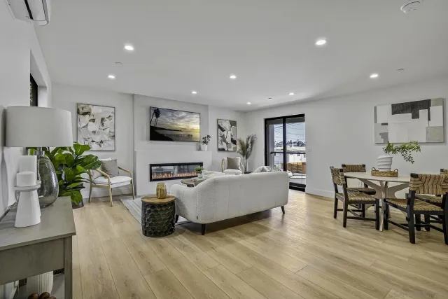 a living room with furniture a fireplace a potted plant and a wooden floor