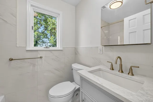 a bathroom with a toilet sink vanity and mirror