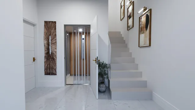 a view of a hallway with entryway and stairs