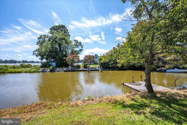 a view of a lake with houses in the back