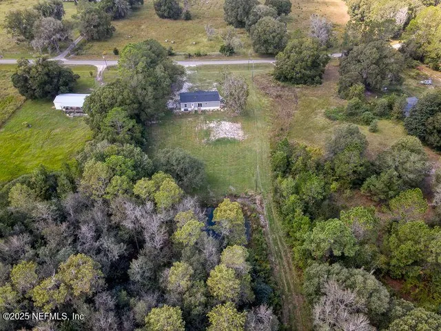 a view of a lake with large trees