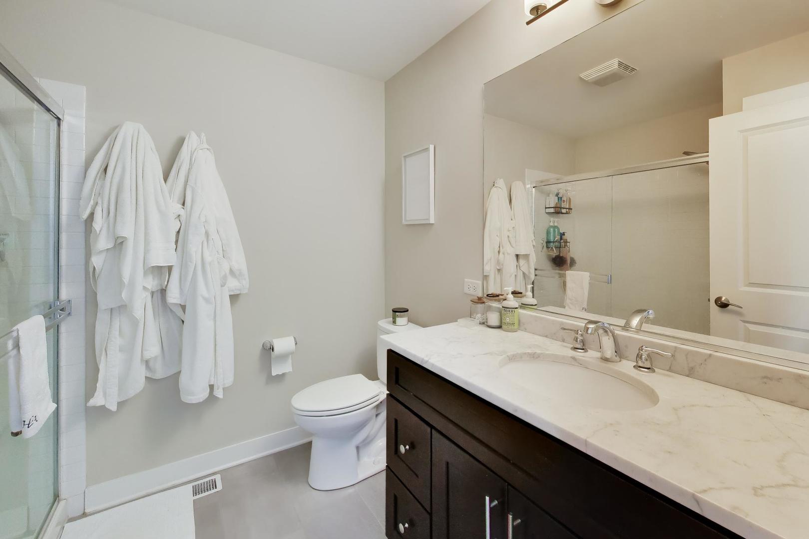 1623 Church Street Evanston, IL 60201 - Photo 17 of 29 a bathroom with a double vanity sink toilet and a mirror