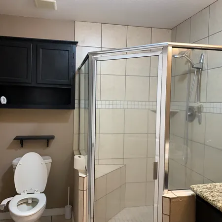 a bathroom with a toilet and a shower
