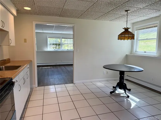a kitchen with a sink a counter top space cabinets and a window