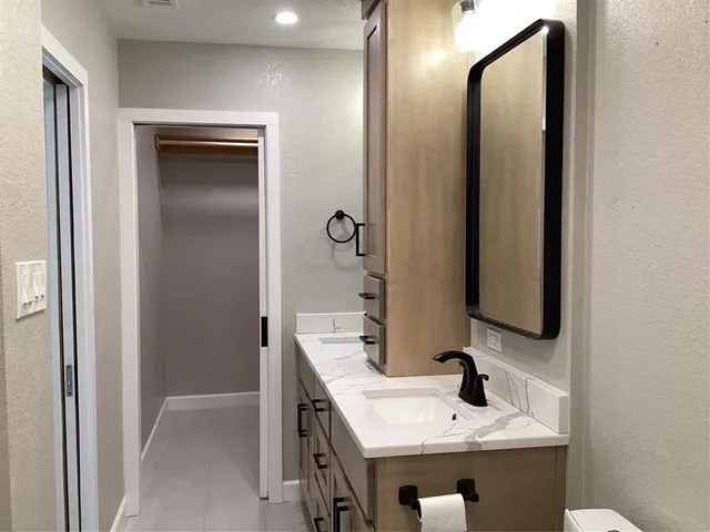 a bathroom with a sink a toilet and mirror