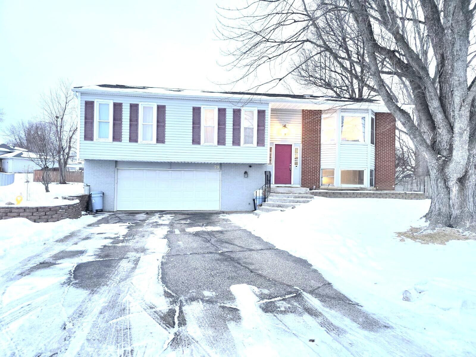 a front view of a house with a yard and trees