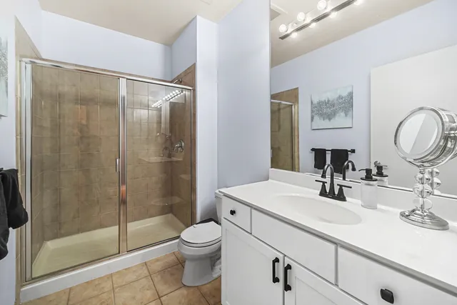 a bathroom with a sink a toilet a mirror a vanity and shower