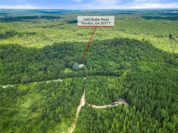 a view of a field with a lush green forest