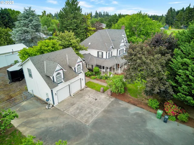 an aerial view of a house with garden