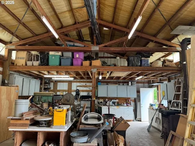 a view of a storage room with furniture